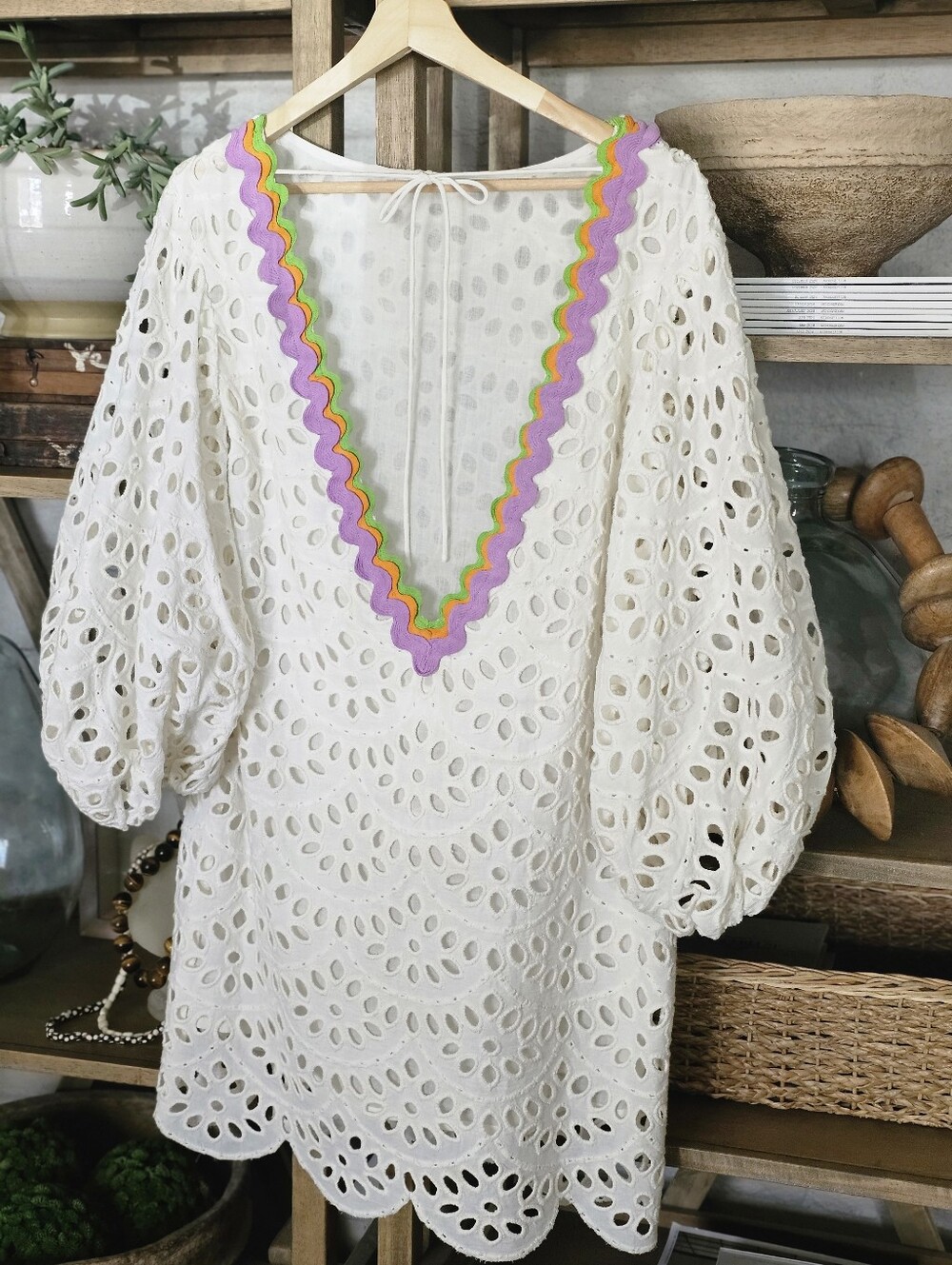 Sundress Edo Cotton Eyelet Babydoll Mini Dress V Plunging Neckline Ric Rac Trim - Picture 15 of 16